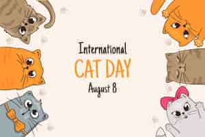 Vettore gratuito fondo del giorno internazionale del gatto disegnato a mano con i gatti