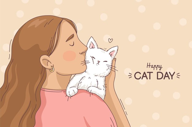 Free vector hand drawn international cat day background with woman kissing cat