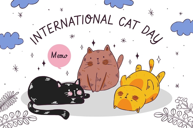 Vettore gratuito fondo del giorno internazionale del gatto disegnato a mano