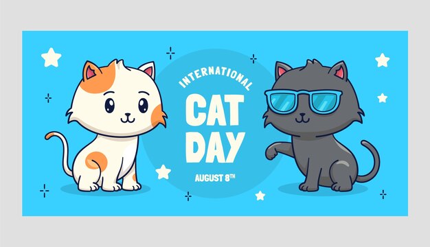 Hand drawn international cat day horizontal banner template with cool cats