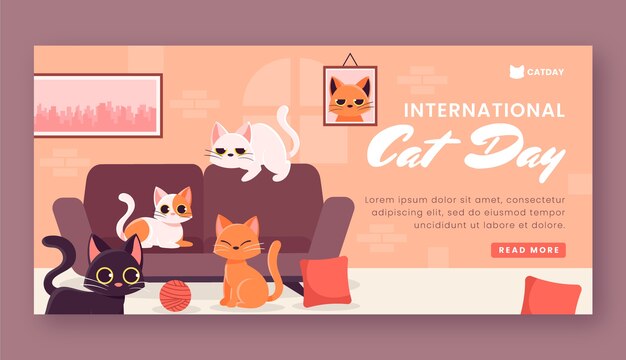 Hand drawn international cat day horizontal banner