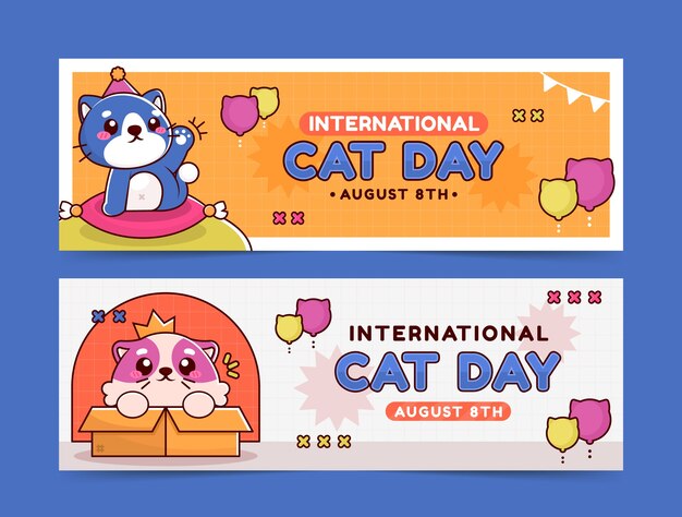 Hand drawn international cat day horizontal banners set