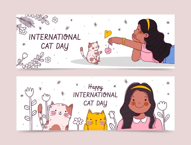 hand drawn international cat day horizontal banners set