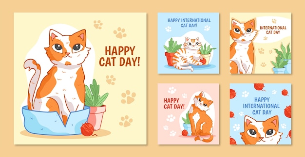 Free vector hand drawn international cat day ig post set