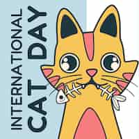 無料ベクター 猫と魚の骨で手描き国際猫の日のイラスト