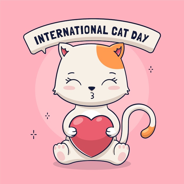 Нарисованная рукой иллюстрация международного дня кошек с котом, держащим сердце