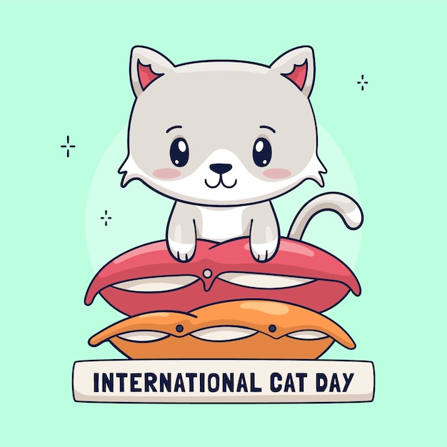 Нарисованная рукой иллюстрация международного дня кошек с кошкой на подушках