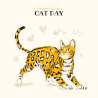 Vettore gratuito illustrazione della giornata internazionale del gatto disegnata a mano con il gatto