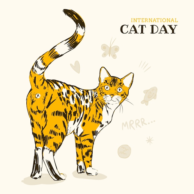 Hand drawn international cat day illustration with cat