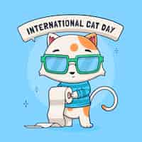 無料ベクター トイレットペーパーを保持しているクールな猫と手描きの国際猫の日のイラスト