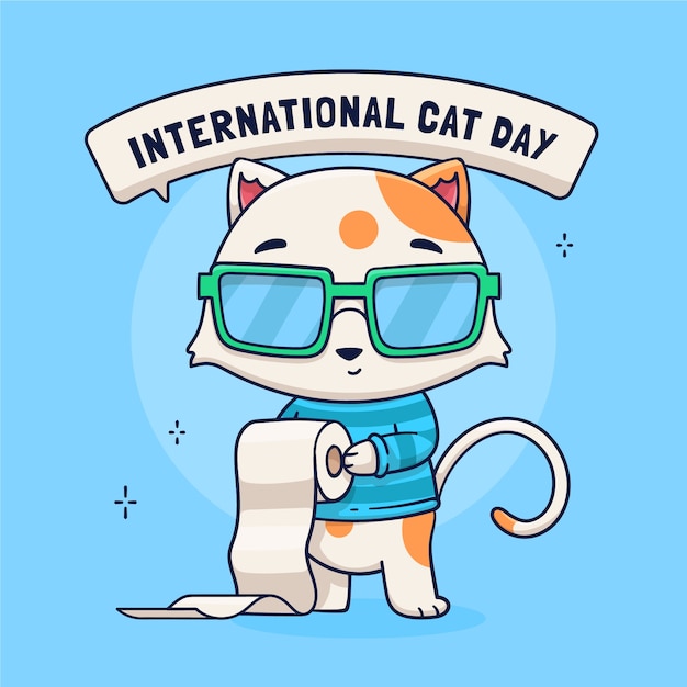 Hand drawn international cat day illustration with cool cat holding toilet paper