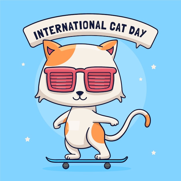 Нарисованная рукой иллюстрация международного дня кошек с крутым котом на скейтборде
