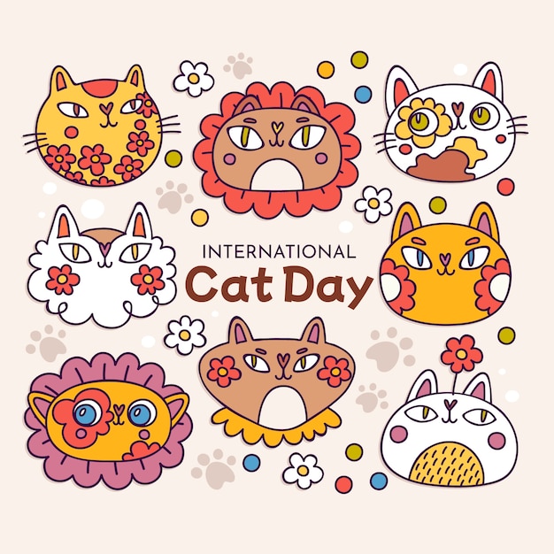 Hand drawn international cat day illustration