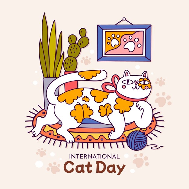 Hand drawn international cat day illustration