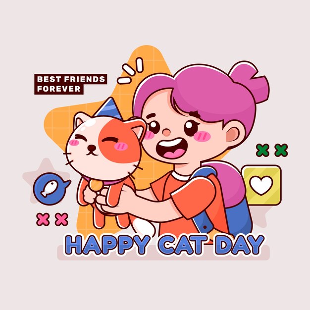 Hand drawn international cat day illustration