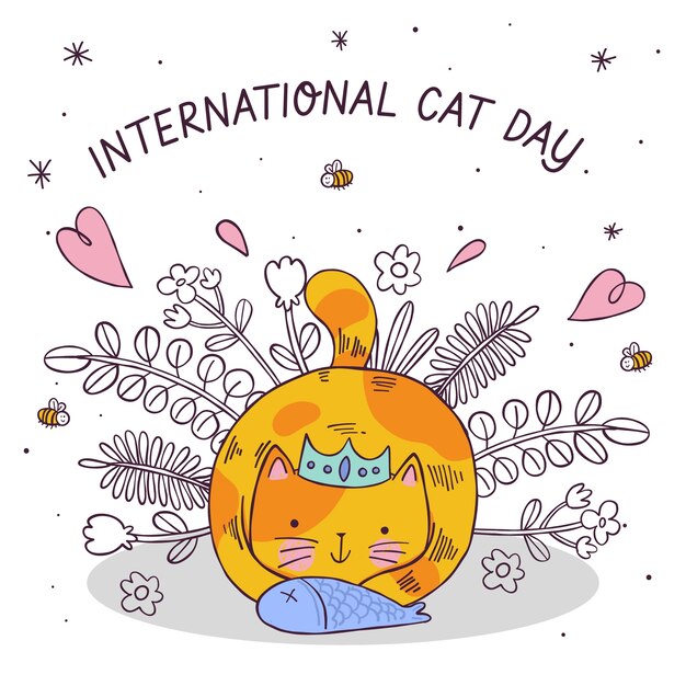 Hand drawn international cat day illustration