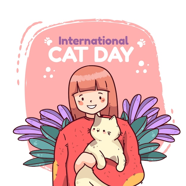 Hand drawn international cat day illustration