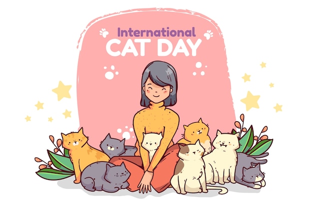 Нарисованная рукой иллюстрация международного дня кошек
