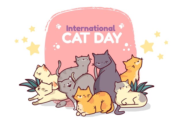 Hand drawn international cat day illustration