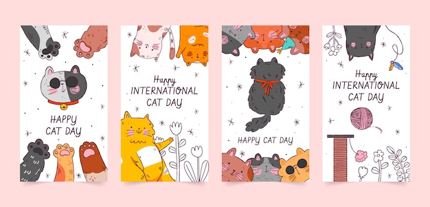 Hand drawn international cat day instagram posts collection
