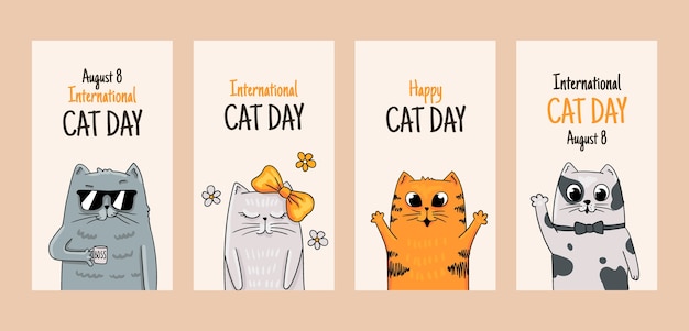 Vettore gratuito collezione di storie di instagram per la giornata internazionale del gatto disegnata a mano