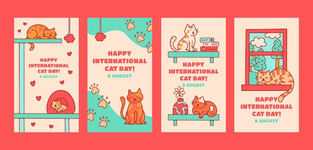 Hand drawn international cat day instagram stories collection