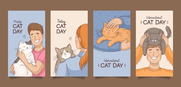 Free vector hand drawn international cat day instagram stories collection