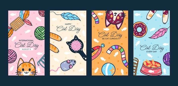 Free vector hand drawn international cat day instagram stories collection