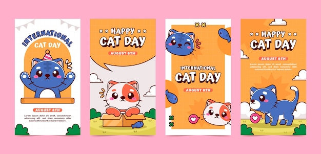 Hand drawn international cat day instagram stories collection