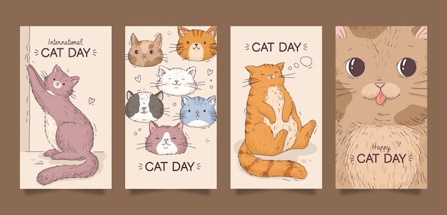 손으로 그린 국제 고양이의 날 인스타그램 스토리 컬렉션