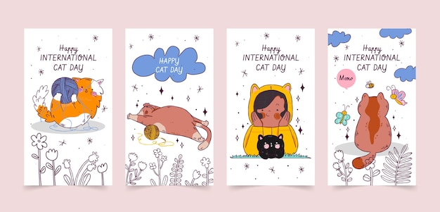 Vettore gratuito collezione di storie di instagram per la giornata internazionale del gatto disegnata a mano