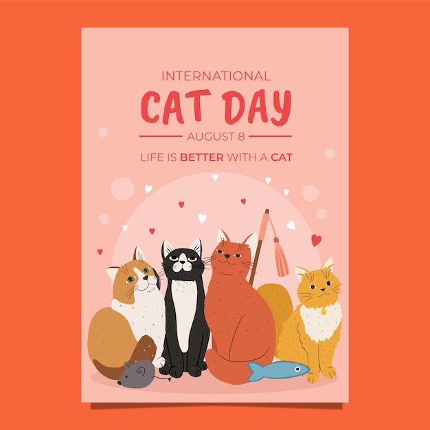 Бесплатное векторное изображение Нарисованный рукой плакат международного дня кошек
