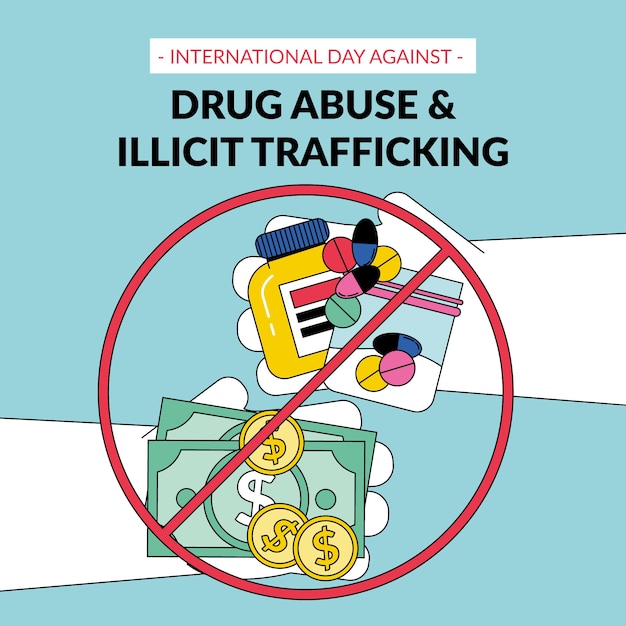 薬物乱用と違法な人身売買のイラストに対する手描きの国際的な日