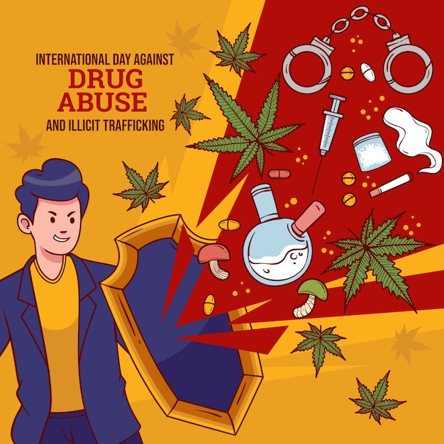 薬物乱用と違法な人身売買のイラストに対する手描きの国際的な日