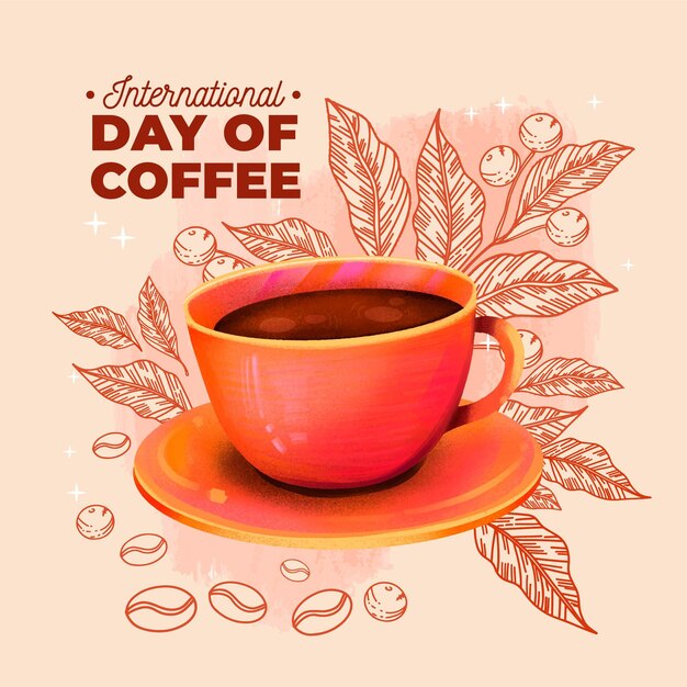 Hand drawn international day of coffee with cup