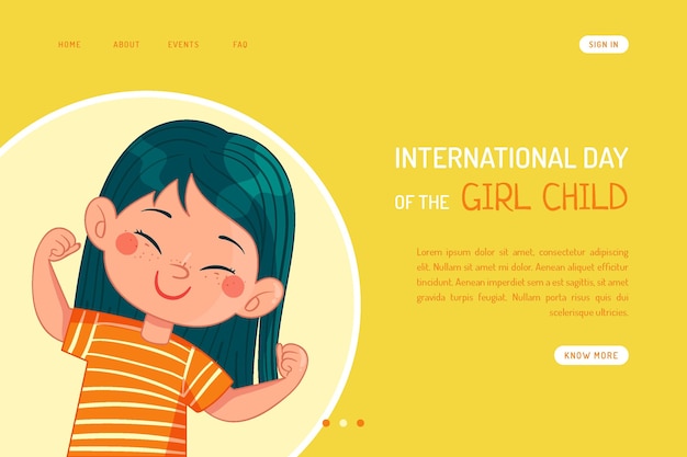 여자 아이 방문 페이지 템플릿의 손으로 그린 국제 날