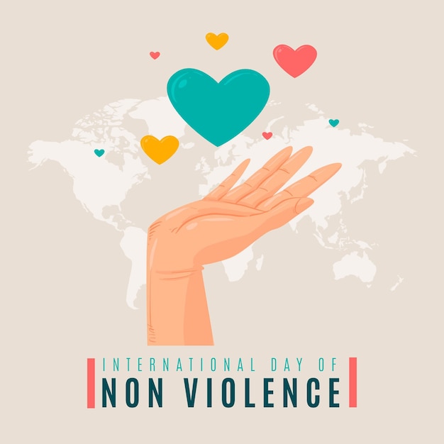 Hand drawn international day of non violence illustration with hands and hearts