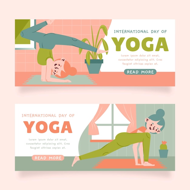 Giornata internazionale disegnata a mano di banner di yoga impostati