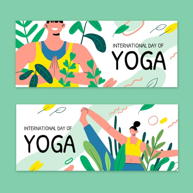 Hand drawn international day of yoga banners set