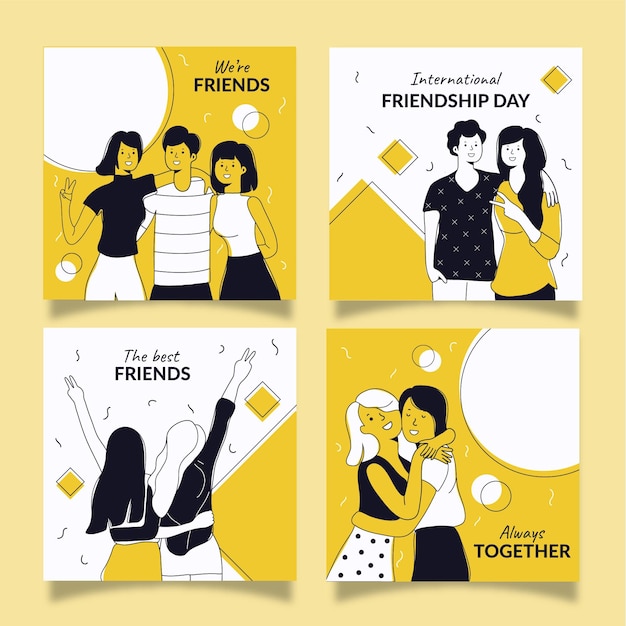 Collezione di post di instagram per la giornata internazionale dell'amicizia disegnata a mano