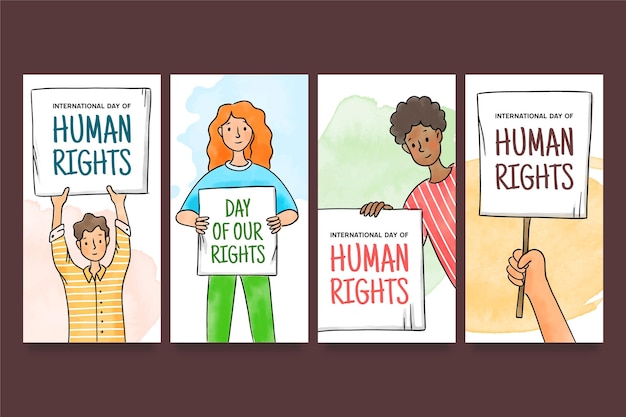 Бесплатное векторное изображение Нарисованная рукой коллекция историй instagram к международному дню прав человека с людьми и плакатами