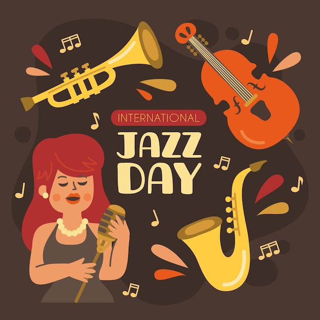 Нарисованная рукой иллюстрация международного дня джаза с музыкальными инструментами и поющей женщиной