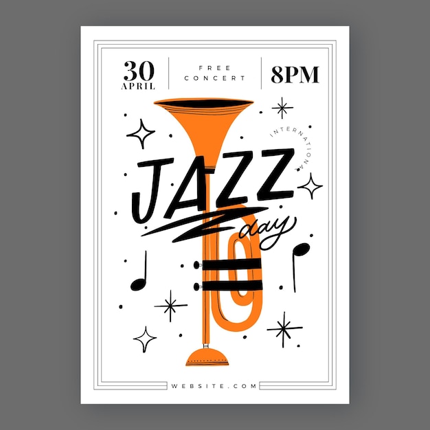 Vettore gratuito modello di poster verticale di giorno jazz internazionale disegnato a mano