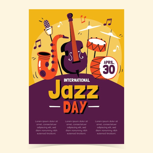 Modello di poster verticale di giornata internazionale del jazz disegnato a mano