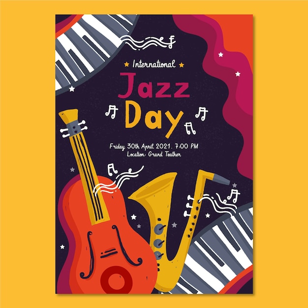 Vettore gratuito modello di poster verticale di giornata internazionale del jazz disegnato a mano