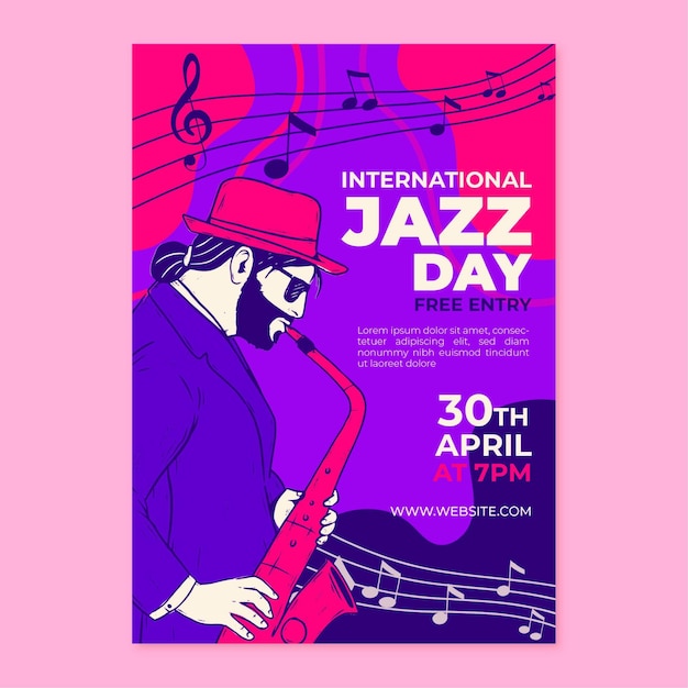 Modello di poster verticale di giornata internazionale del jazz disegnato a mano