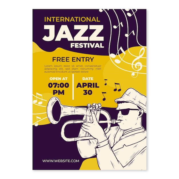 Vettore gratuito modello di poster verticale di giornata internazionale del jazz disegnato a mano