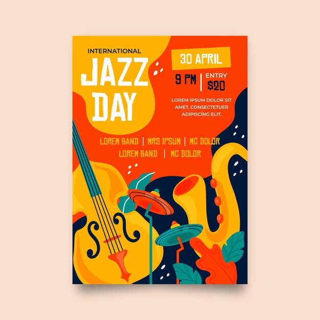 Ручной обращается шаблон вертикального плаката международного дня джаза