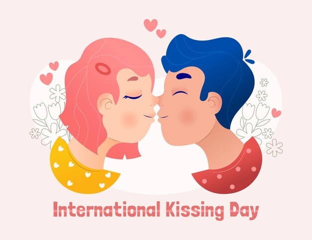 Hand drawn international kissing day illustration with couple kissing