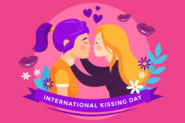 Hand-drawn international kissing day illustration with female couple